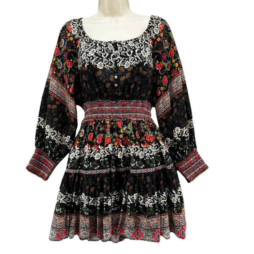 Alice Olivia Clementina Tiered Mini Dress Black Multi Floral Fit Flare LS Size 4